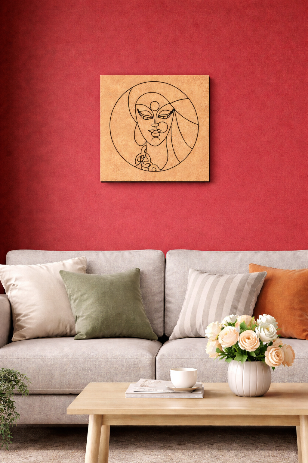 MDF DIY  wall art and Living room with a red wall, gray sofa, and decorative elements.