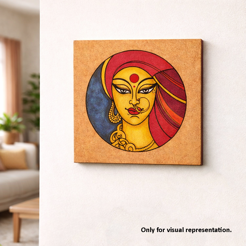 MDF DIY Framed artwork of a stylized face with red, yellow, and blue colors on a white wall.