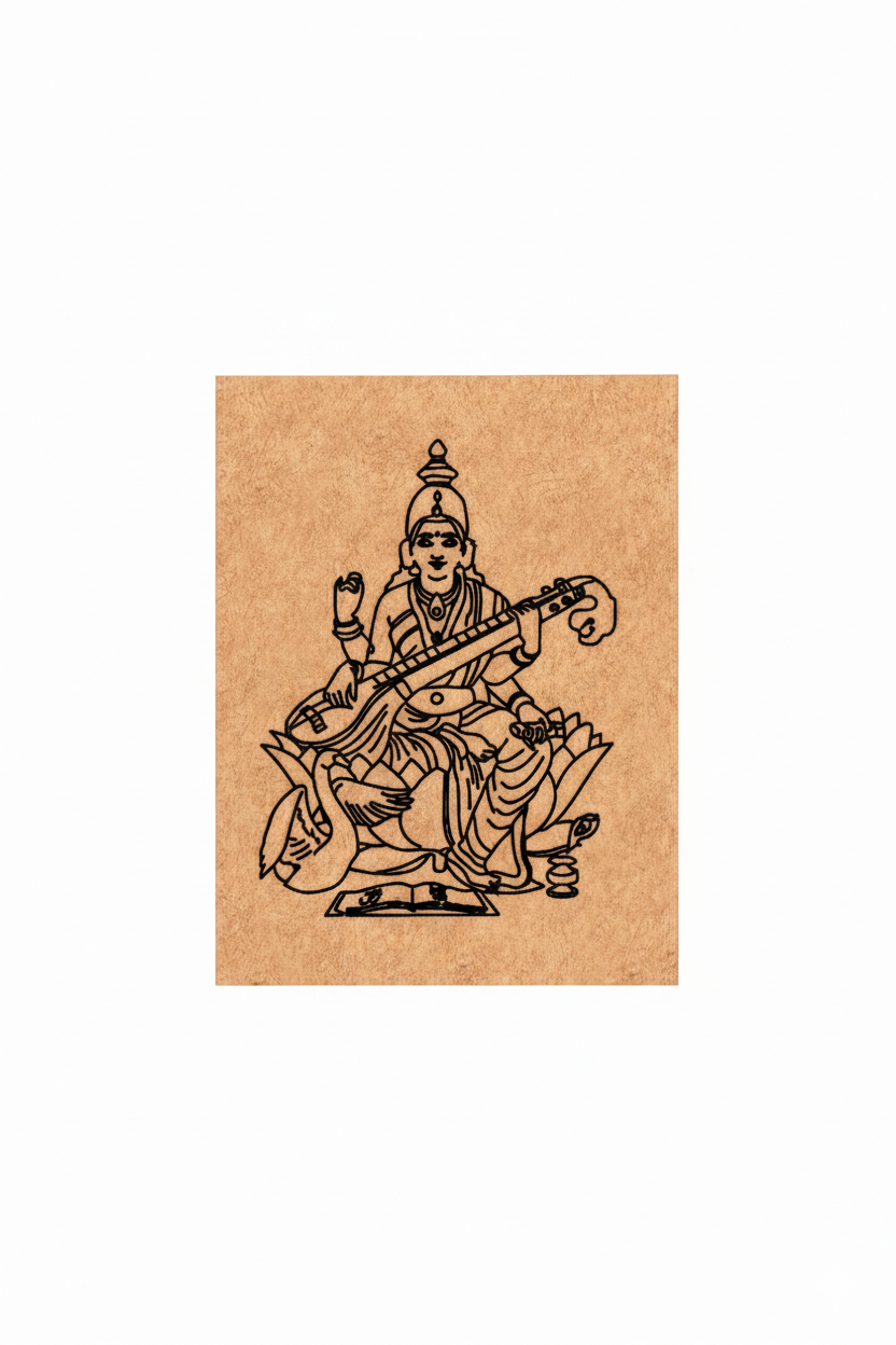 MDF DIY wall art of a deity playing a stringed instrument on a brown background