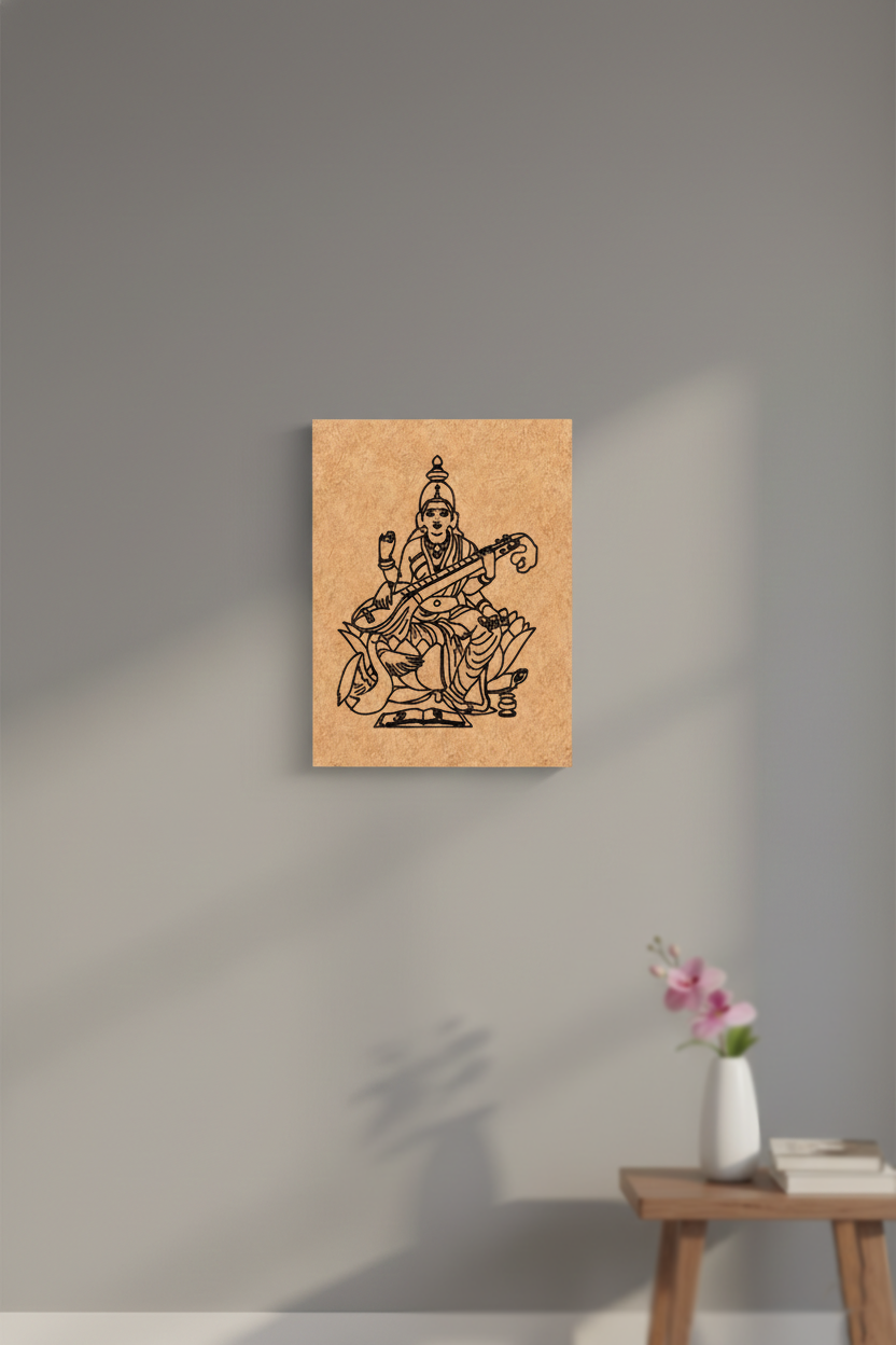MDF DIY  wall art with a black and white illustration of a figure playing a stringed instrument on a gray wall.
