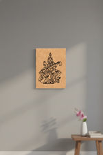MDF DIY  wall art with a black and white illustration of a figure playing a stringed instrument on a gray wall.