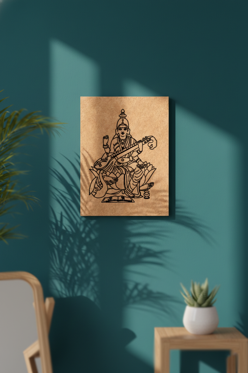 MDF DIY Framed artwork of a traditional figure on a teal wall with a plant and small table in the foreground.