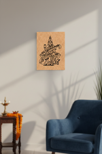MDF DIY wall art  with a black and white illustration of a deity on a wall with a blue armchair and small table in the foreground.