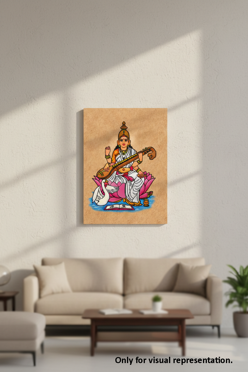 MDF DIY Framed artwork of a deity playing a musical instrument on a beige wall above a sofa.
