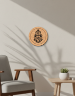 Wooden MDF DIY wall art with a face design on a beige wall, with a chair and table in the foreground.