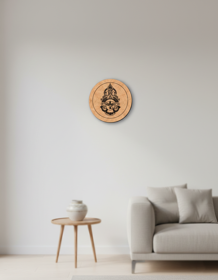 Wooden MDF DIY wall art with a face design on a white wall above a sofa and side table.