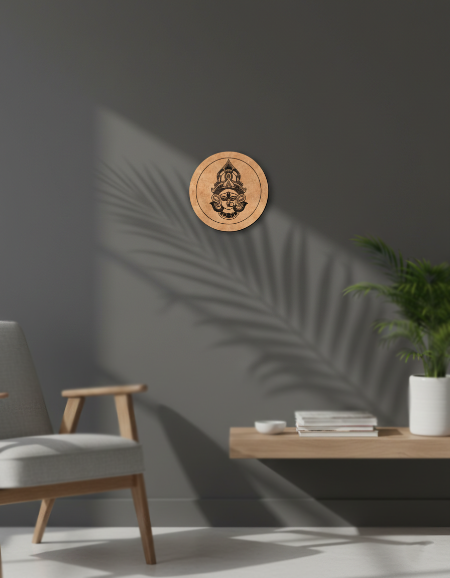Wooden MDF DIY wall art piece on a gray wall with a chair and plant in the foreground