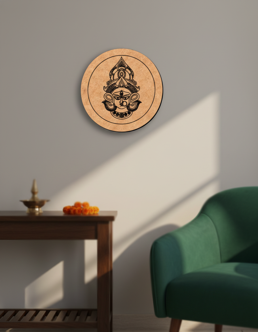 Decorative MDF DIY wall art with a face design on a wooden circle in a room with a table and chair.