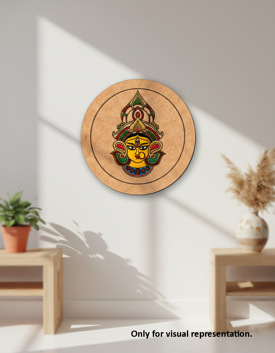 Decorative MDF DIY wall art with a colorful design on a wooden circle in a minimalistic room.
