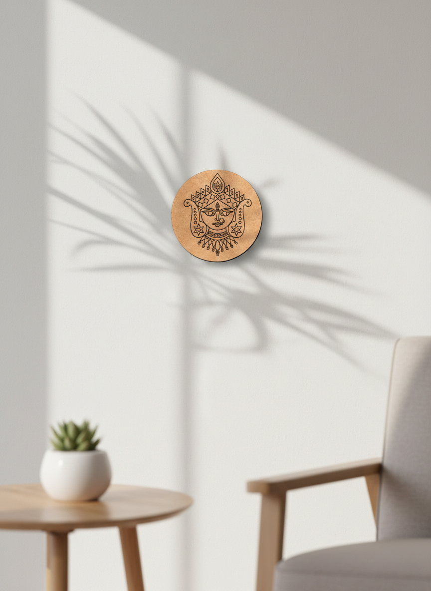 Wooden MDF DIY wall decor with face design on a white wall with a plant and chair in the foreground.