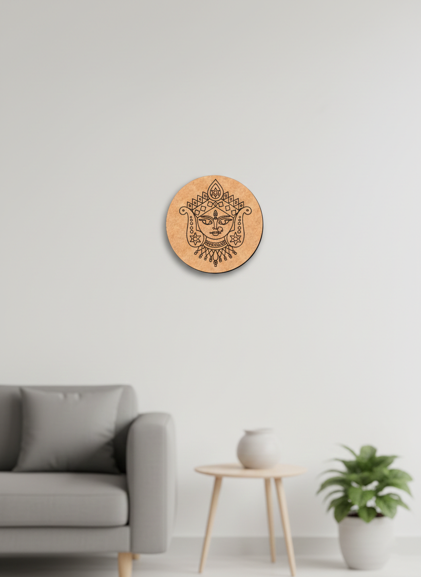 Decorative MDF DIY wall art with a face design on a wooden circle in a living room setting.