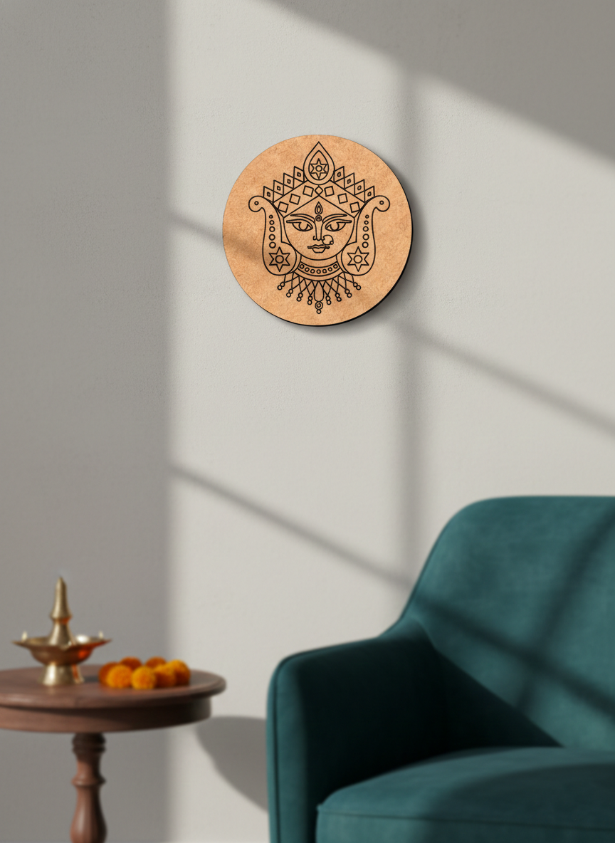 Decorative MDF DIY wall art with a face design on a wooden board in a room with a teal chair and small table.