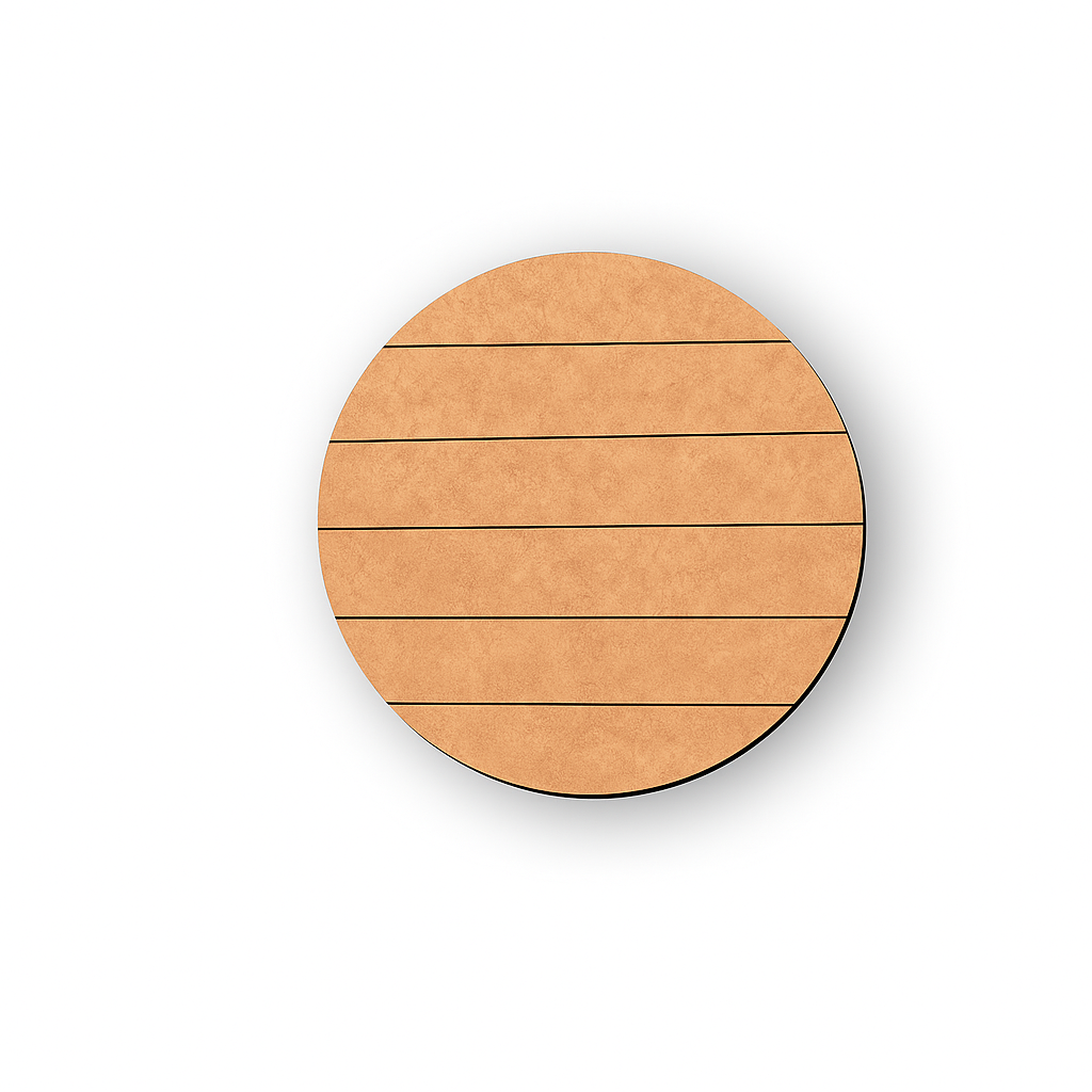 Round MDF plaque base with horizontal slat-style engraved lines, ideal for DIY signs and craft painting.