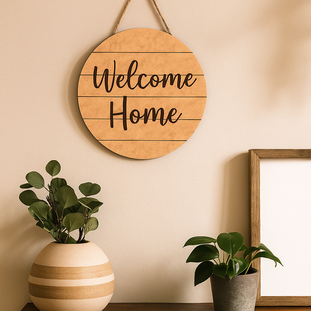 MDF board circular sign with 'Welcome Home' text, potted plants, and a framed picture on a beige wall.