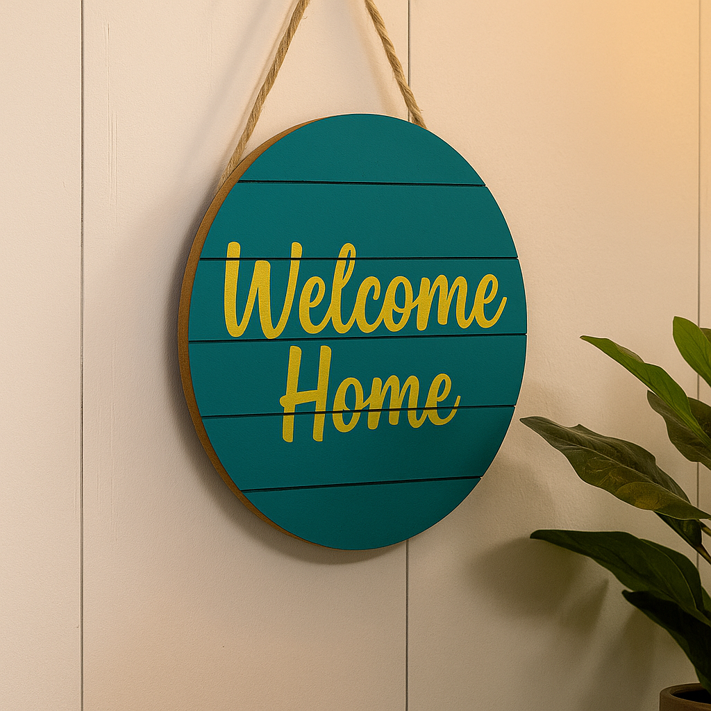 Round MDF board sign with 'Welcome Home' text on a wall with a plant.