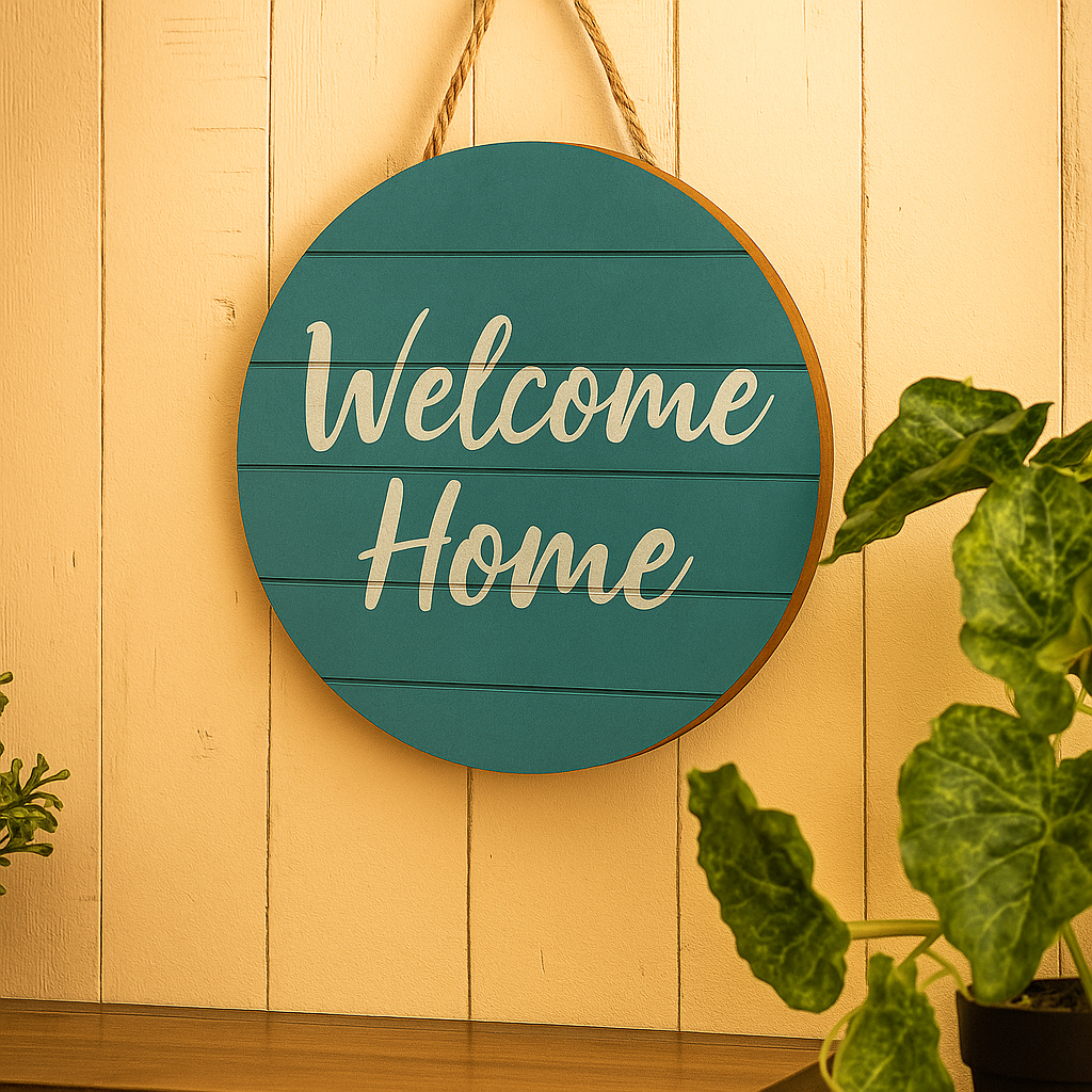 Round teal sign with 'Welcome Home' text on a wooden wall.
