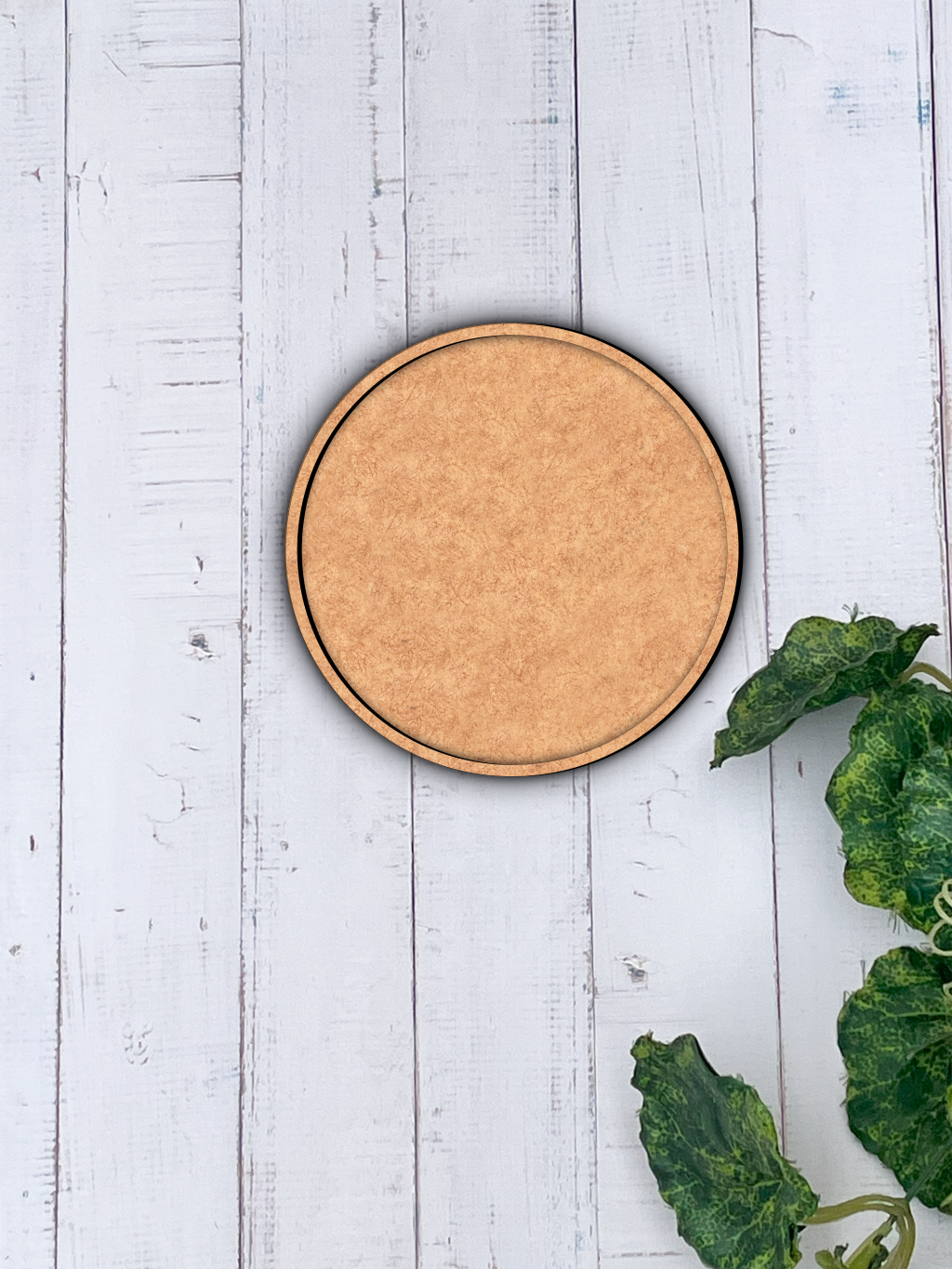 Round MDF board cutting board on a light wooden surface with green leaves.