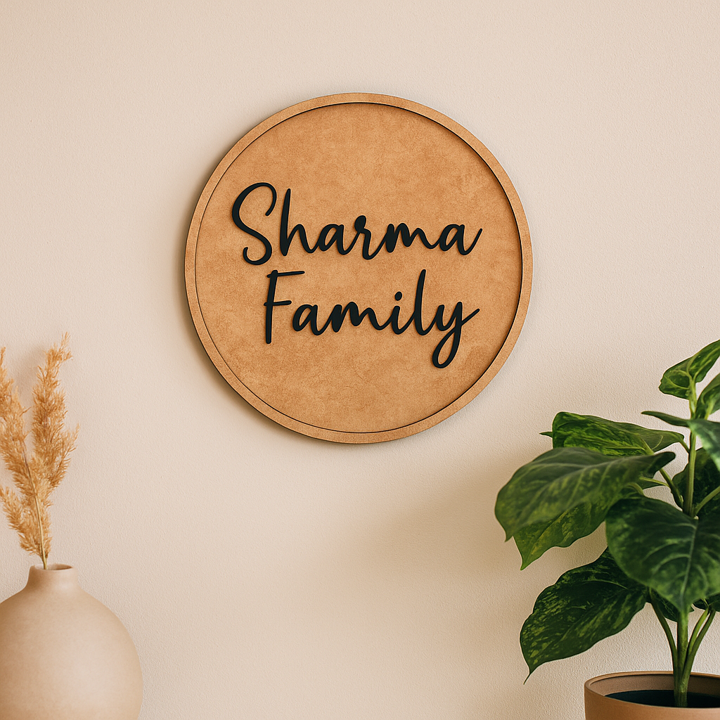 Round MDF name plate with 'Sharma Family' text on a beige wall, next to a vase with dried plants and a potted plant.