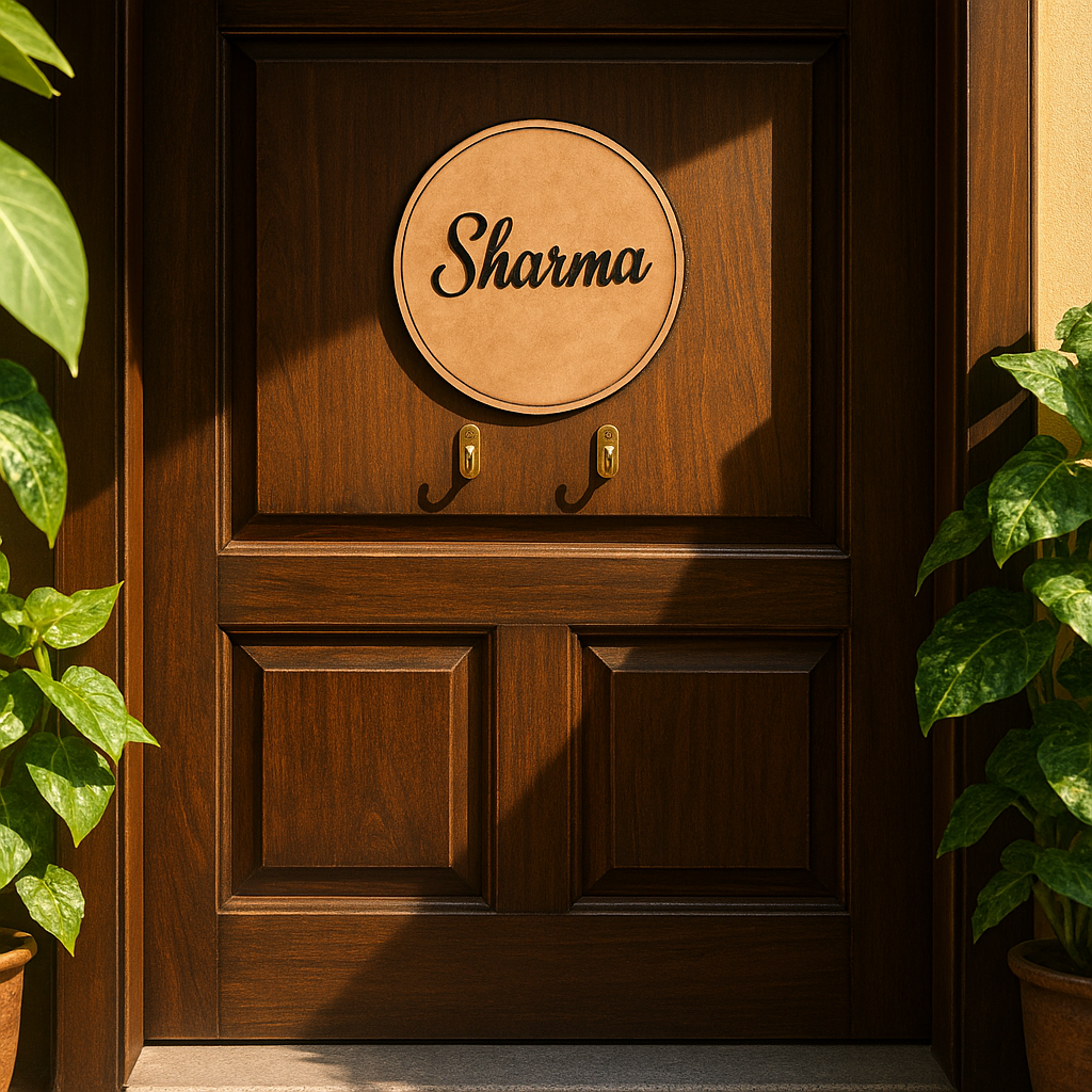 Wooden door with a circular nameplate and hooks, flanked by plants.