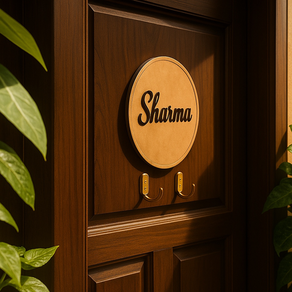 Wooden door with a circular MDF plaque displaying 'Sharma' and two hooks, surrounded by green leaves.