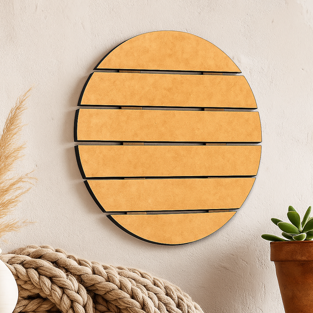 Unpainted MDF round slat-style house nameplate base hanging on wall