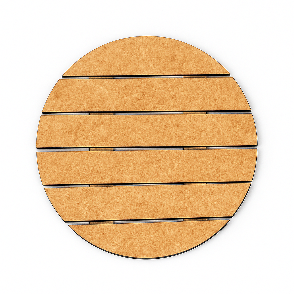Unpainted MDF round slat-style house nameplate base cutout on white background for DIY painting and name lettering.