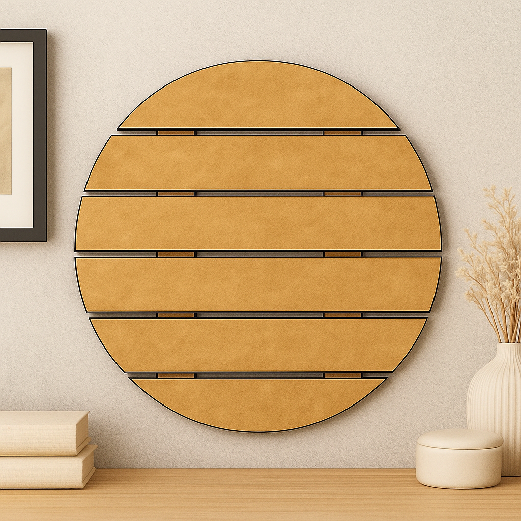 Unpainted MDF round slat-style house nameplate base hanging on wall