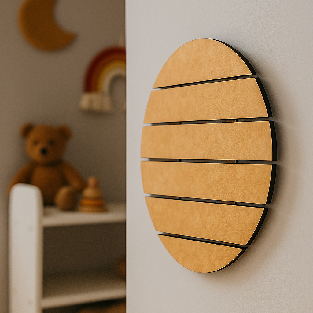 Unpainted MDF round slat-style house nameplate base hanging on wall