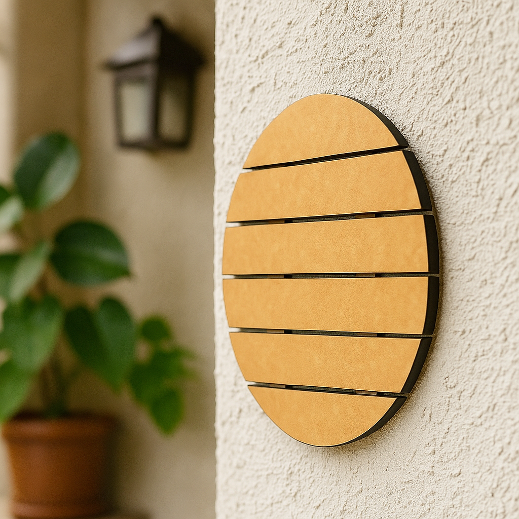 Unpainted MDF round slat-style house nameplate base hanging on wall