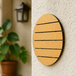 Unpainted MDF round slat-style house nameplate base hanging on wall