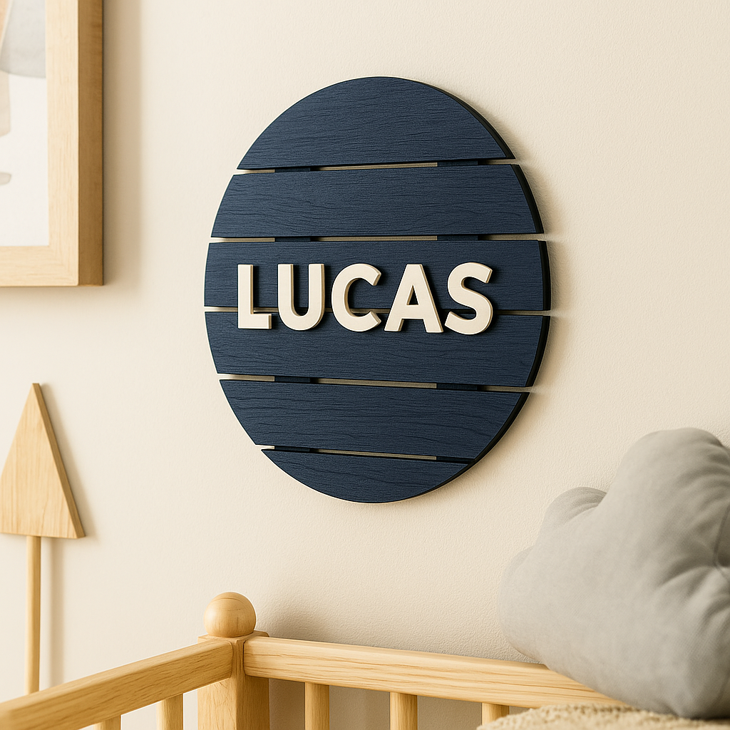MDF round slat-style house nameplate base hanging on wall