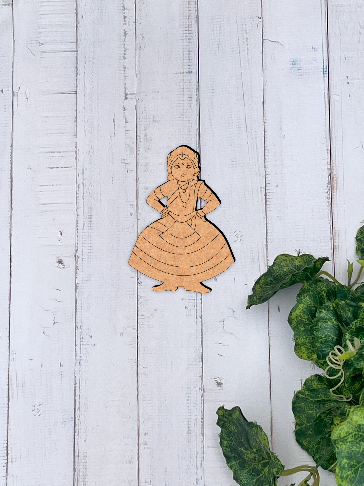 Laser cut DIY MDF traditional lady cutout for painting and ethnic craft décor hanging on wooden wall 