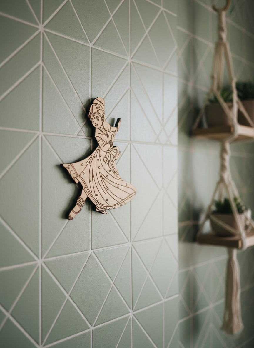 Laser cut DIY MDF classical dancer cutout for painting and craft decor hanging on artwork wall show by side angle 