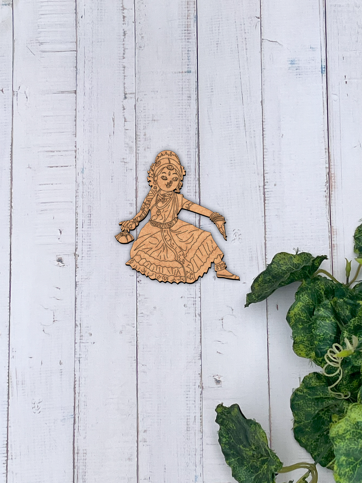 Laser cut DIY MDF Bharatnatyam dancer cutout for painting and decor hanging on wooden wall