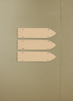 Three beige MDF board signs with nail holes on a beige background