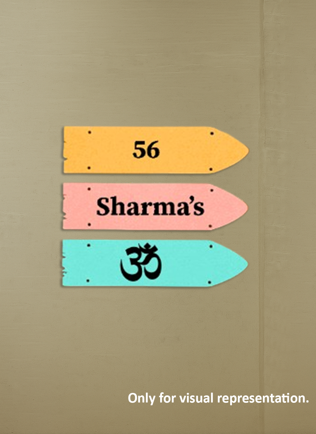 MDF board with colorful labels and 'Sharma's' text on a beige background