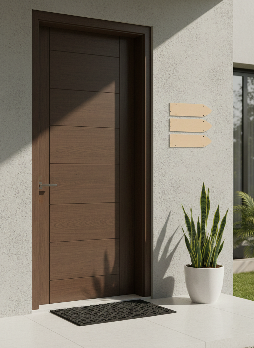 Modern wooden door with a plant and welcome mat on a light-colored wall.