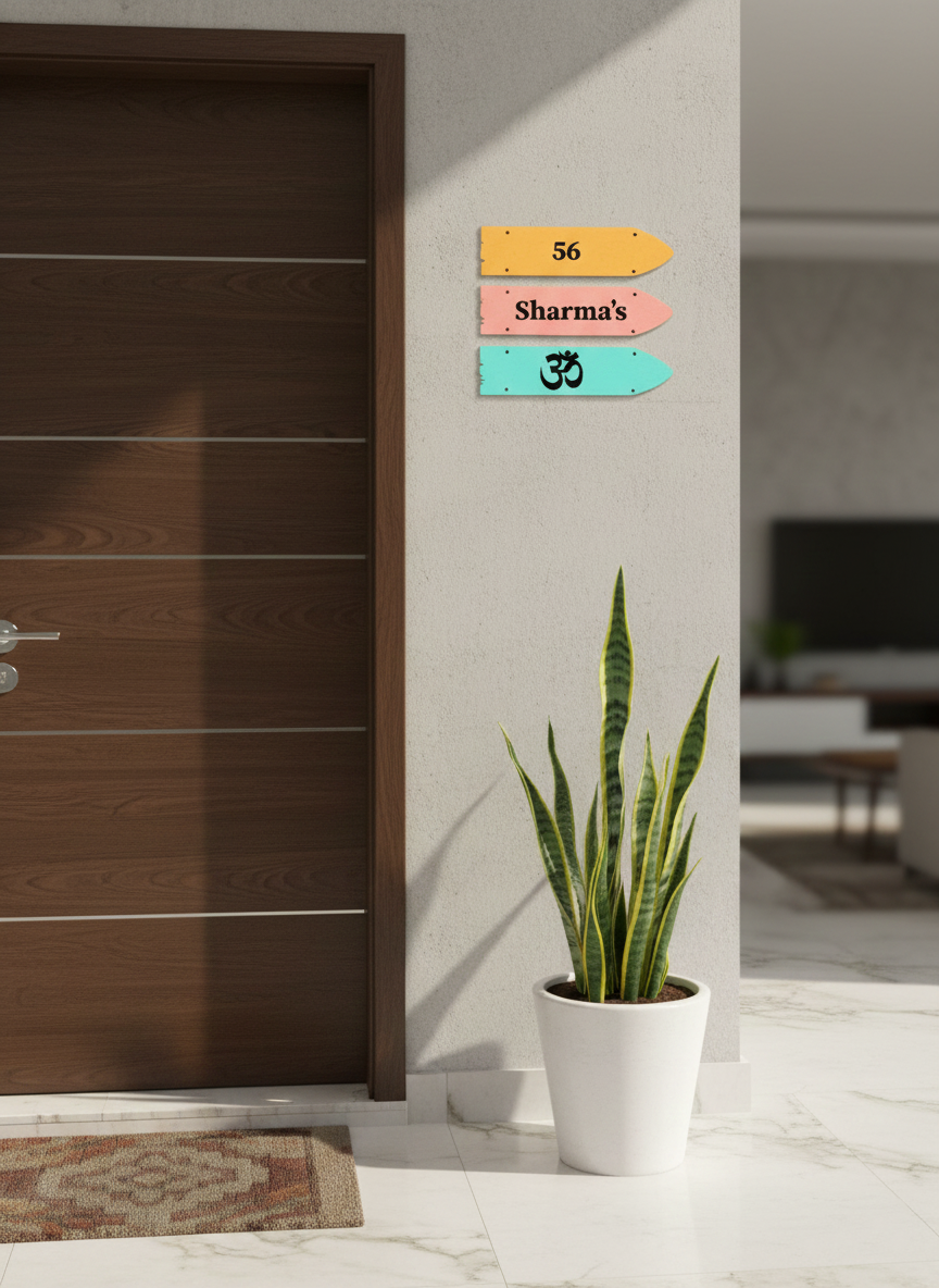 Decorative nameplate with symbols on a wall next to a door