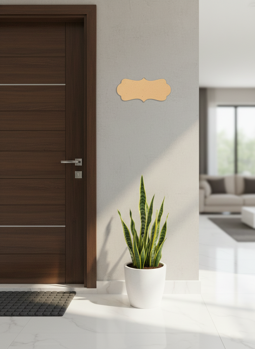 Modern interior with a wooden door, potted plant, and living room in the background.