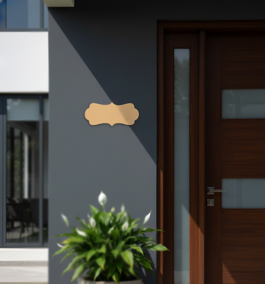Modern house exterior with a wooden door and decorative nameplate on a gray wall.