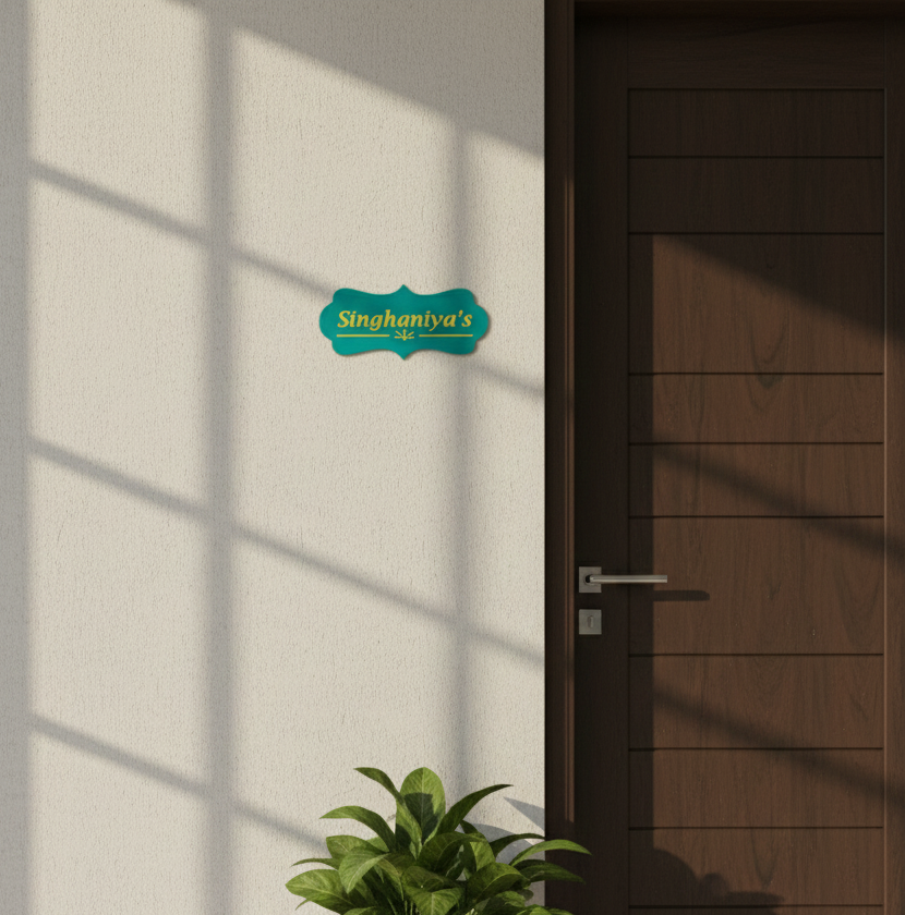 Door with a sign reading 'Singhania's' and a plant in front of it.