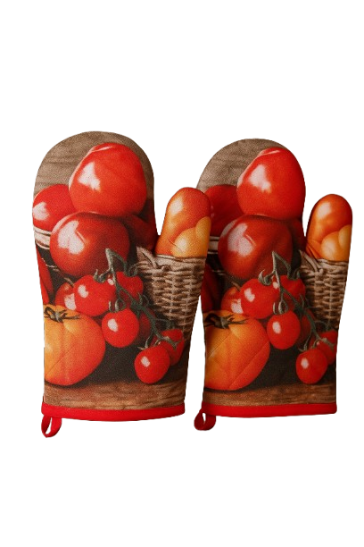 Pair of colorful printed oven gloves with hanging loops
