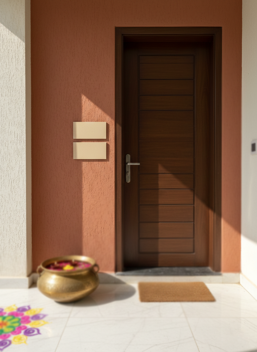 Brown door with a doormat and decorative pot on a light-colored floor.