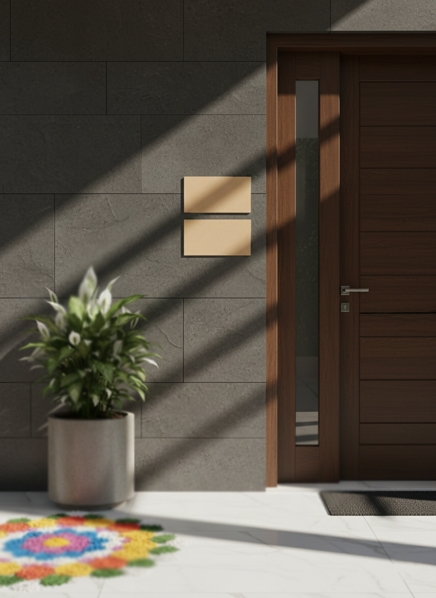 Decorative wall switch with a plant and colorful rug on a gray tiled wall.