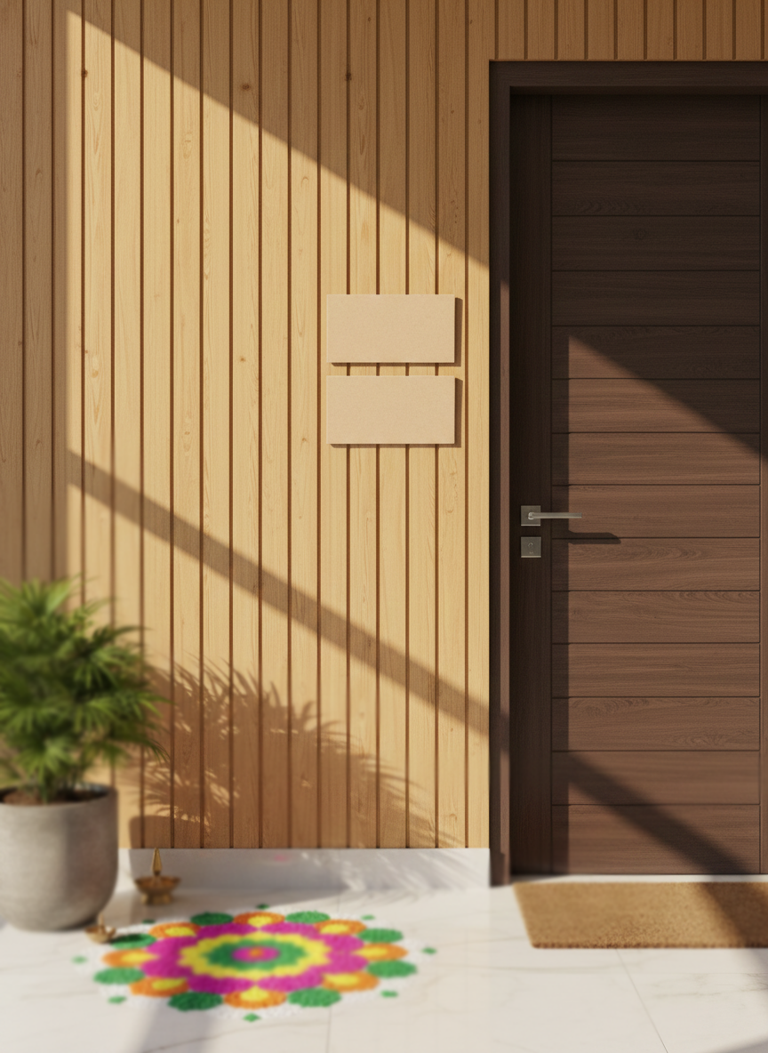 Wooden door with a decorative mat and plant on a wooden floor