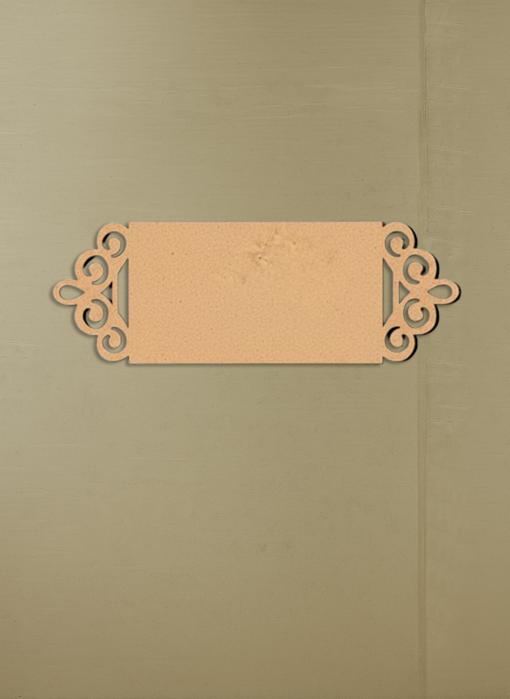 Decorative MDF board  nameplate with intricate cut-out design on a beige background