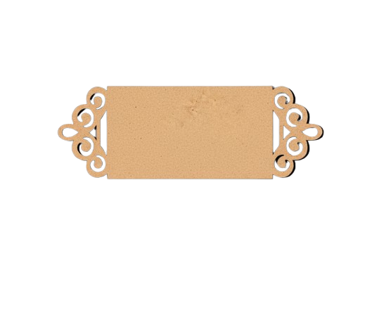 Rectangular MDF house nameplate blank with ornate scroll side borders on white background