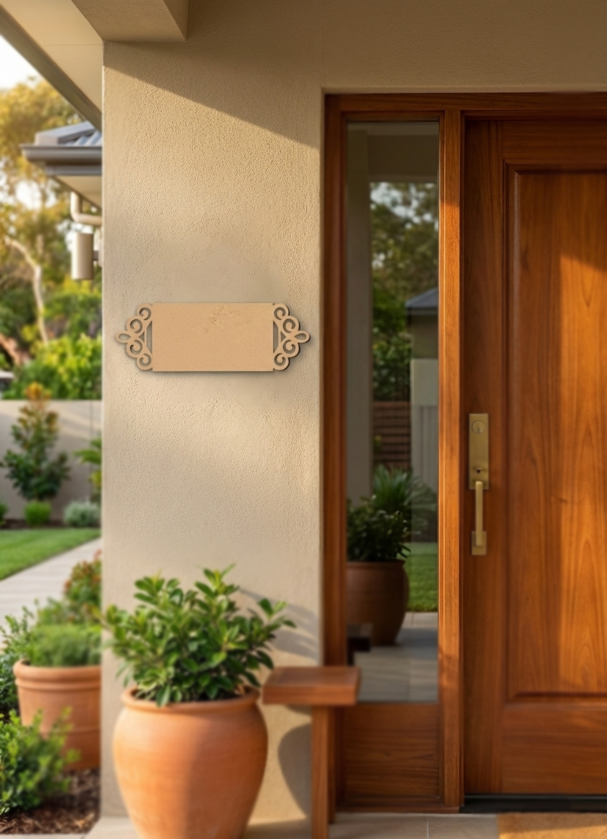 Wooden front door of a house with decorative plate and potted plants.
