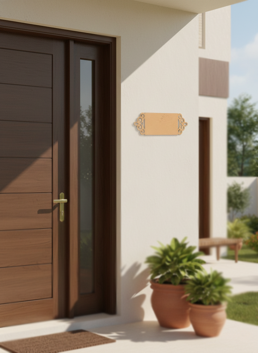 Brown door with glass panel on a white house exterior