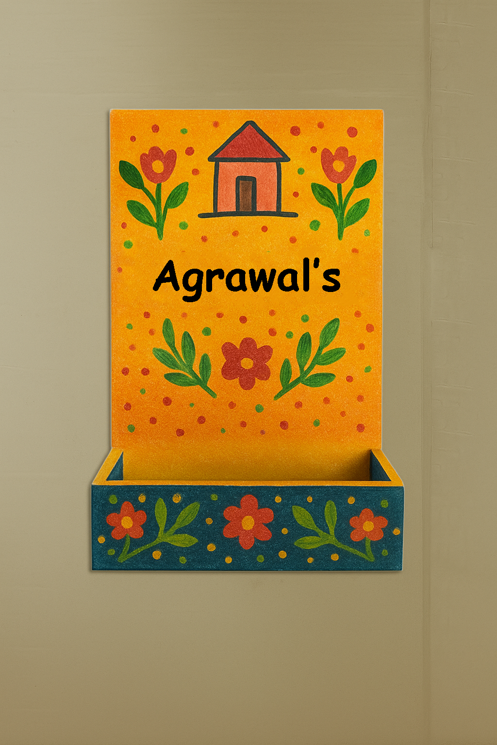 Decorative wall shelf with 'Agrawal's' text on an orange background with floral and house design.